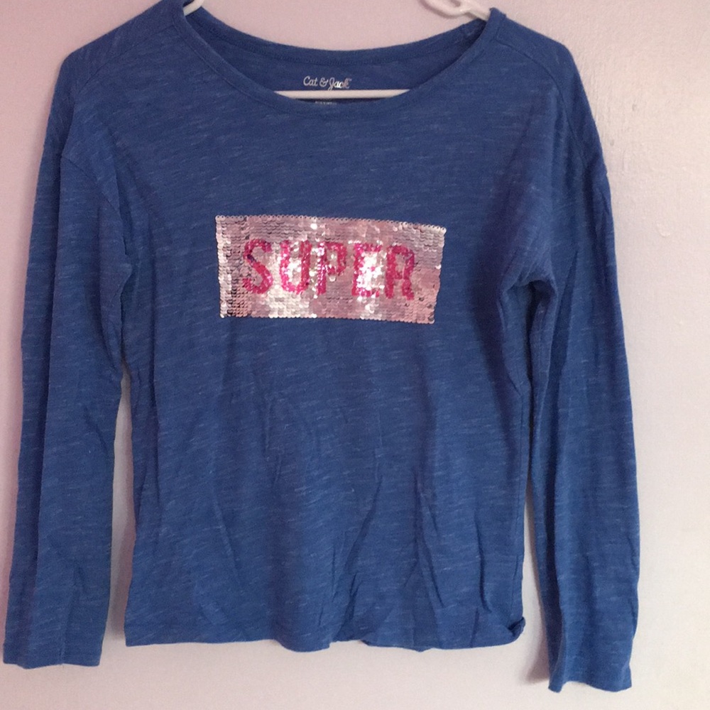 Glitter changing, blue Cat and Jack shirt